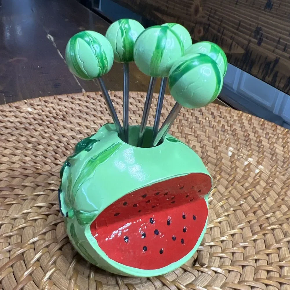 Mid Century 7 pcs Watermelon Fruit Hors d’oeuvre appetizer forks picks Vintage